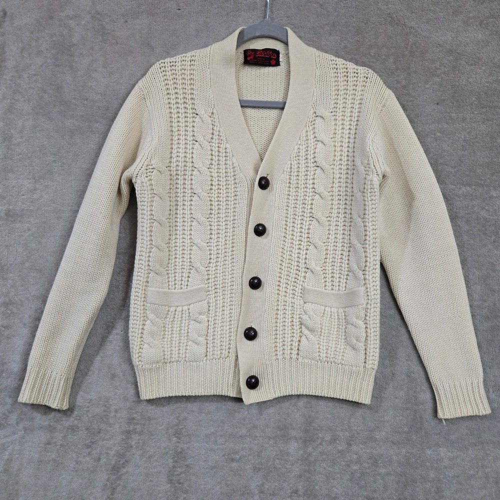 Vtg Cable Knit Wool Cardigan Sweater Large Fisherman Heavyweight Preppy Heritage